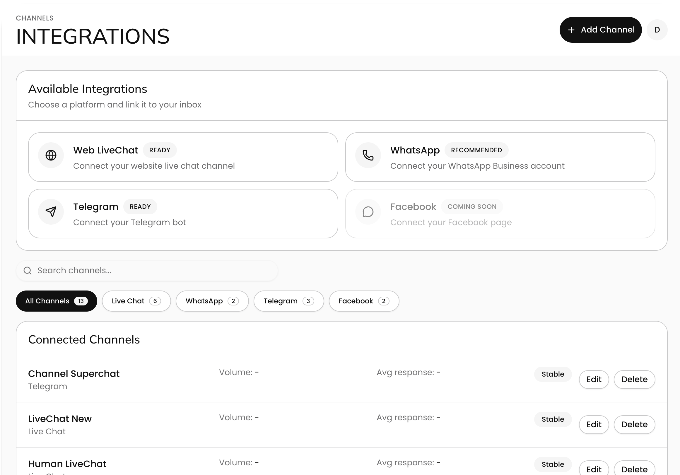 Superchat workspace showing Telegram, WhatsApp, and Live Chat connected as channels.