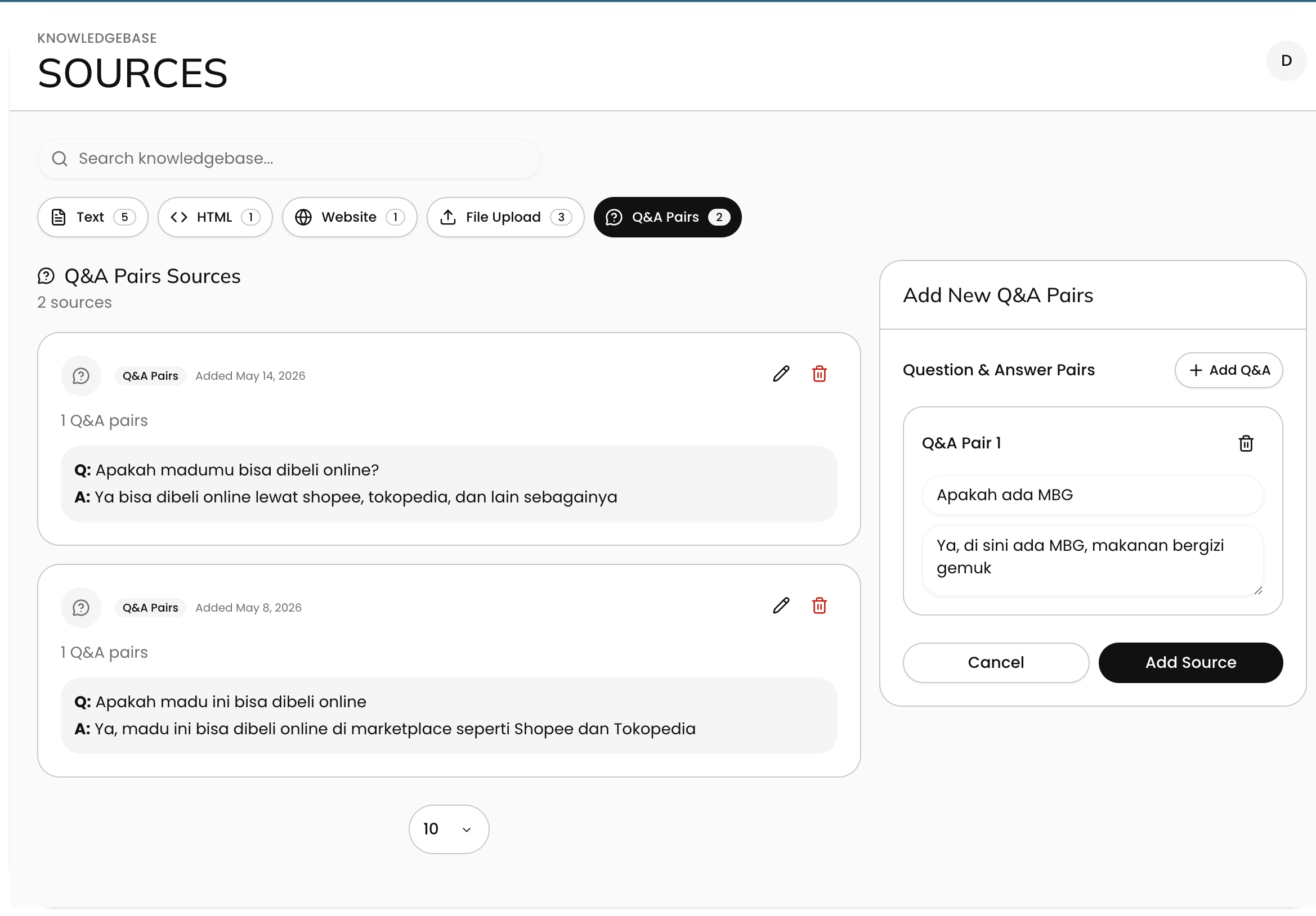 AI agent ingesting text, HTML, files, URLs, and Q&A as training sources.